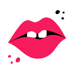 Female lips with lipstick and glitter, red and pink. Isolated on white background, doodle style. Closed and open mouth. Valentine's Day, anniversary of dating. 