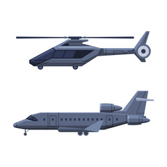 Presidential and Government Motor Vehicle with Airplane and Helicopter Side View Vector Set