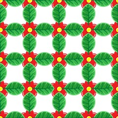 Red flower and green leaves, seamless pattern on the white background. Vector illustration. Wrapping paper.	