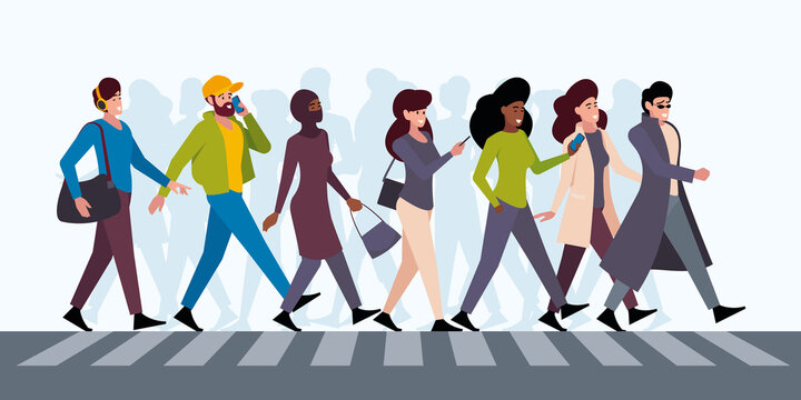 Crossing road people. Crowd walking in city urban persons male and female couples garish vector outdoor illustrations in cartoon style