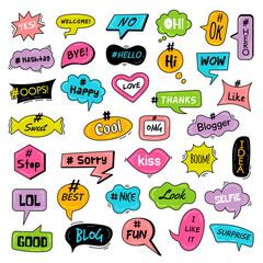 Hashtags. Communication trendy fun social world in speaking bubbles teenagers slang recent vector illustration templates