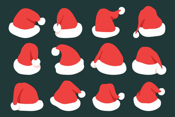 Santa Claus hats vector cartoon set isolated on background.