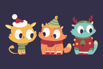 Cute Christmas cat in Santa Claus, elf and reindeer costumes vector cartoon set isolated on background.