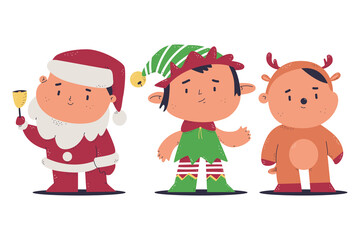 Kids in Santa Claus, elf and reindeer Christmas costumes vector cartoon characters set isolated on a white background.