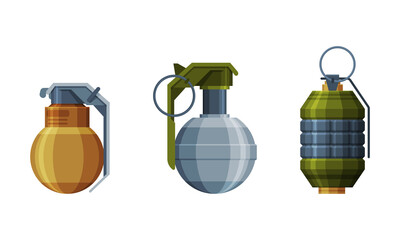 Fototapeta premium Grenade or Shell as Explosive Weapon Thrown by Hand Vector Set