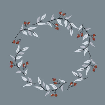 Vector valentine wreath with leaves. berries and heart in Scandinavian style for fabrics, paper, textile, gift wrap isolated on gray background for cute postcard, logo
