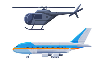Obraz na płótnie Canvas Flying Airliner or Airplane and Helicopter for Transporting Passengers Side View Vector Set