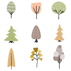 Set abstract colored tree in the Scandinavian style. Cartoon vector illustration