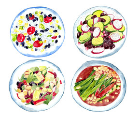 Vegetable salad in a bow watercolor illustration. Set of 4. Isolated on white background.