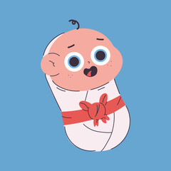 Funny newborn baby wrapped in blanket with red ribbon and bow vector cartoon character illustration isolated on background