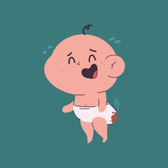 Funny newborn baby in dirty diaper vector cartoon character isolated on background.