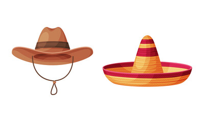 Straw Hat as Brimmed Woven Headdress with Sombrero and Cowboy Hat Vector Set