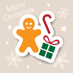 Merry Christmas icon. Holiday xmas symbols. Isolated sticker. Happy new year icons, web banner. Flat vector illustration. Candy can, cookie, gift