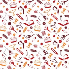 Sewing Tools Seamless Pattern, hand drawn elements. Tailoring accessories, threads, scissors, needles. Vector background