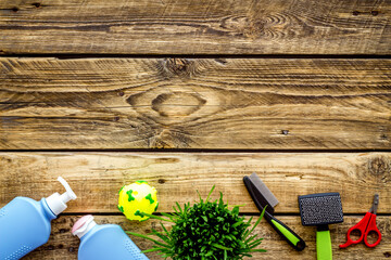 Pet accessories and grooming tools set with toys, top view