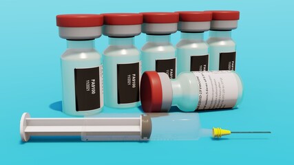 SARS Covid 19 virus vaccine glass vial with syringes arranged next to be injected into medical patient