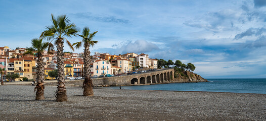 View from beach at Mediterranean seaside town of Banyuls sur Mer, Pyrenees Orientales department,...