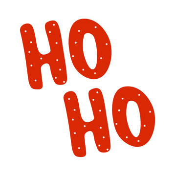 New Year, Christmas lettering. Hoho hand drawn red text isolated on white. Winter holidays writing with white dots, card, greeting, poster.