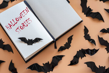 Notebook paper with the inscription Halloween Stories, black bats on beige background.