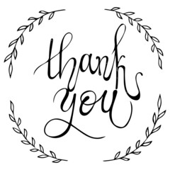 Thank you postcard. Greeting card. Ink illustration. Modern brush calligraphy. Isolated on white background.