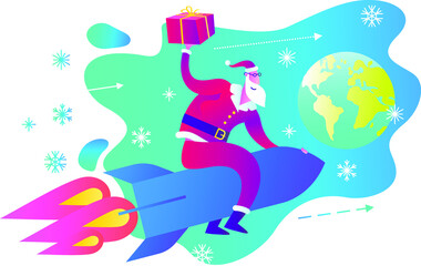 Santa Claus is flying on a rocket. Santa's Congratulations. Delivery of gifts.Express delivery of parcels, food, online shopping.  Christmas story, Christmas poster. Holiday surprise. 