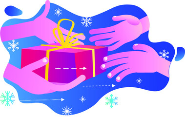 Hands reach for gifts. Lots of gift boxes. New Year's surprises. Express delivery of parcels, food, online shopping. Christmas story, Christmas poster. Holiday surprise. Flat vector illustration.