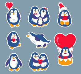 Penguins stickers pack. Collection of cute penguins. Hand-drawn style.
