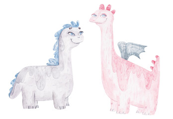 childish  dinosaurs with big eyes, cute watercolor childrens illustration on white background