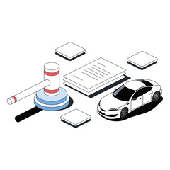 Car purchase, hammer deal, documents. Vector 3d sketch line isometric style, color icon illustration. Creative design idea and infographics elements.