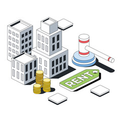 Houses real estate, coins, rent deal. Vector 3d sketch line isometric style, color icon illustration. Creative design idea and infographics elements.