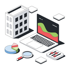 House real estate, screen laptop charts charts, analytics magnifier. Vector 3d sketch line isometric style, color icon illustration. Creative design idea and infographics elements.