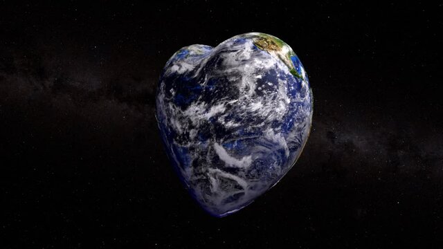 The concept of life and peace on planet Earth. Heart shaped planet Earth pulsates on a dark background. 3d animation