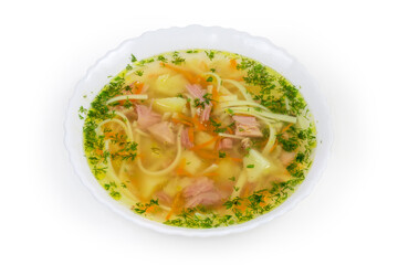 Chicken noodle soup in bowl on a white background