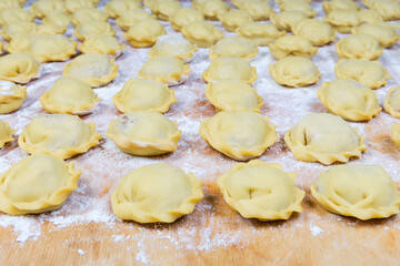 Homemade meat dumplings on the cutting board before cooking