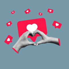 Contemporary art collage of hands making heart shape isolated over gray background. Concept of...
