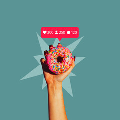 Creative design. Contemporary art collage of female hand holding donut with Instagram likes,...