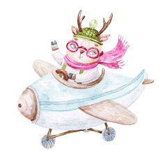 cute pilot deer flying on a plane, cute   childrens illustration isolated on white background