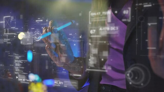 Woman s Hand Touch Screen Augmented Reality Engineer and Business Charts. Graphical User Interface Concept. Hand touch Screen, Holographic Space and Digital Technology. Augmented Reality