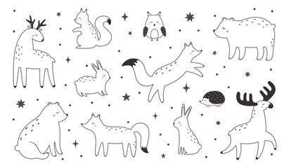 Outlines of forest animals. A set with cute characters. Deer, squirrel, owl, bear, fox, elk, hare. Vector illustration © Victoria Guzeeva
