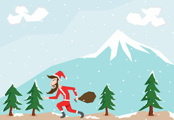 Simple Santa Claus illustration running and holding a gift bag between some trees and snow fall