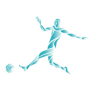 Soccer or football player kicks the ball, sportsman silhouette