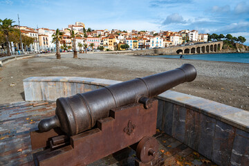 View from beach at Mediterranean seaside town of Banyuls sur Mer, Pyrenees Orientales department, southern France