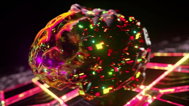 Futuristic concept. The glass brain emerges from a transparent shell. Green red neon light. 3d animation