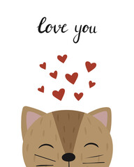Hand-drawn cute cat. Half of the cat's face. Valentine's Day card. Vector illustration