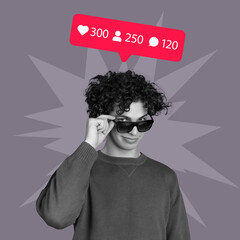Modern art collage of young boy, social media user having followers growth on account isolated over dark gray background