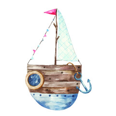 ship, yacht with sail of red and white color, children's cute watercolor illustration on a white background