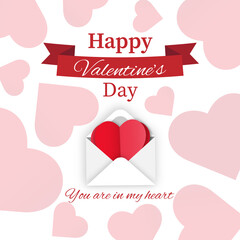 Valentine's day card with red hearts and white envelope. Vector Happy Valentine's day greeting card, banner, flyer, print. Valentine's day card in paper cut style heart and envelope.