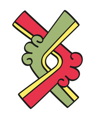 Ollin, an Aztec symbol for movement. Two interlaced lines, which are each portrayed with two central ends. Symbol of the four (Nahui) principles generation, congregation, displacement and integration.