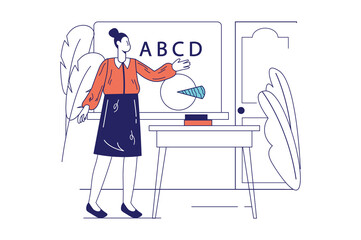 School teacher concept in flat line design for web banner. Woman tutor stands at blackboard with alphabet, explains lesson in class, modern people scene. Vector illustration in outline graphic style