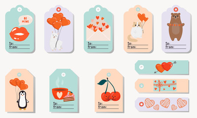 Set of bright Valentine's day tags with cute characters. Printable greeting cards illustration. Bright design for Valentine's day in pastel colors.